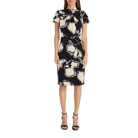 MAGGY LONODN Printed Stretch Twisted Mock Neck Short Sleeve Dress Size 10 - Picture 1 of 6